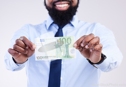 Image of Winning money, hands or black man happy for lotto award, competition prize fund or cash dollar win. Salary, studio payment or winner of poker, bingo or casino gambling isolated on gray background