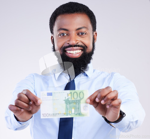 Image of Winning money, portrait or black man happy for lotto award, studio competition prize or cash dollar bills. Bank loan, salary payment or winner of bonus, profit or sales isolated on white background