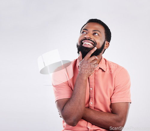 Image of Thinking, mockup space and face of black man with hand gesture for brainstorming, ideas and thoughtful. Happy, smile and male on white background pose for choice, decision and wondering in studio