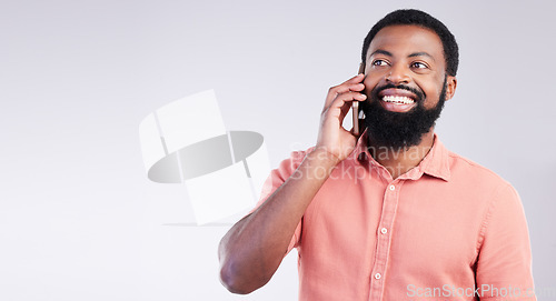 Image of Phone call communication, studio and black man happy on conversation, discussion or speaking to digital network contact. Networking, consulting and talking person isolated on mockup gray background