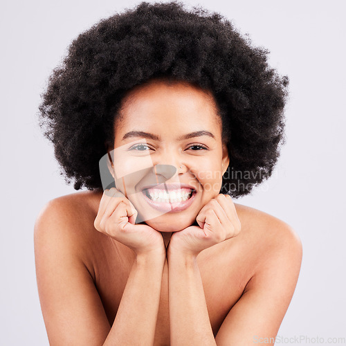 Image of Skincare, hands and portrait of black woman in studio with natural, hair and cosmetics on grey background. Soft, portrait and girl model relax with haircare, body care or dermatology satisfaction