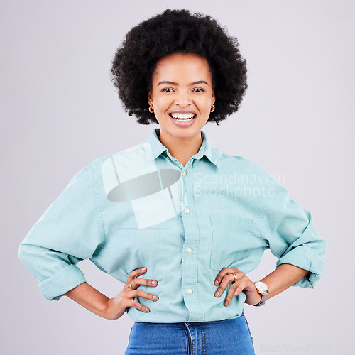 Image of Happy, smile and portrait of black woman in studio for confidence, positive and empowerment. Happiness, laugh and elegant with face of female isolated on white background for young, excited and pride