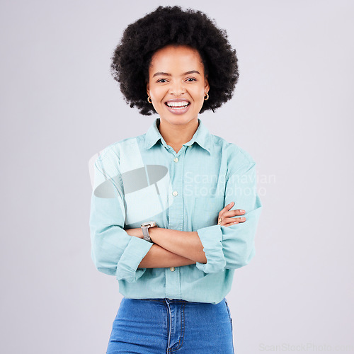 Image of Smile, arms crossed and portrait of black woman in studio for confidence, positive and empowerment. Happiness, funny and elegant with female isolated on white background for young, excited and pride