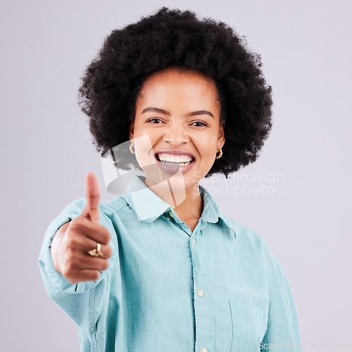 Image of Thumbs up, face portrait and happy black woman with emoji gesture for congratulations, job well done or winner. Agreement, finished and studio with yes hand sign for success on white background