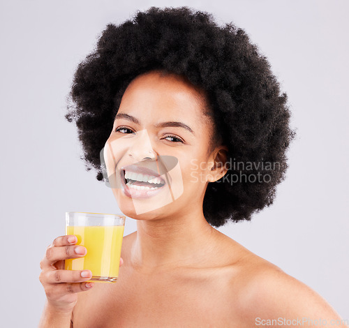 Image of Orange juice, studio portrait and happy black woman with drink glass for hydration, liquid detox or weight loss beverage. Vitamin C benefits, female or person isolated on white background