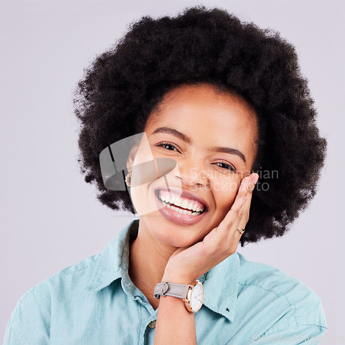 Image of Studio, face portrait and afro black woman with beauty makeup, luxury cosmetics or facial skincare glow. Natural dermatology health, spa salon and happy aesthetic person isolated on grey background