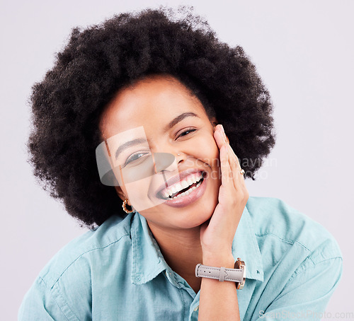 Image of Skincare, face portrait and afro black woman with studio makeup, luxury cosmetics or facial beauty glow. Natural dermatology health, spa salon and happy aesthetic person isolated on grey background