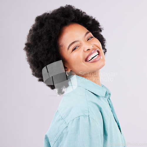 Image of Portrait, excited and African woman with fashion or style isolated against a studio pink background. Face, casual and female person happy, confident and beauty or happiness smile