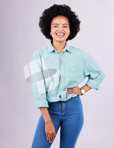 Image of Happy, smile and portrait of black woman in studio for confidence, positive and empowerment. Happiness, funny and elegant with face of female isolated on gray background for young, excited and pride