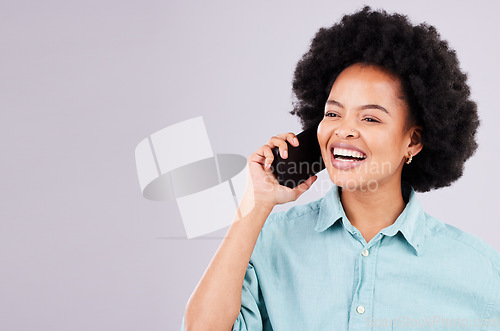 Image of Happy phone call, studio and black woman communication on conversation, discussion or speaking to network contact. Networking, consulting or talking person isolated on mockup white background