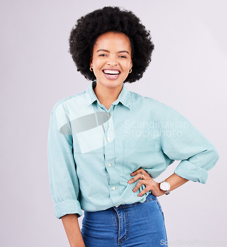 Image of Confidence, laugh and portrait of black woman in studio for happy, positive and empowerment. Happiness, funny and elegant with face of female isolated on gray background for young, excited and pride