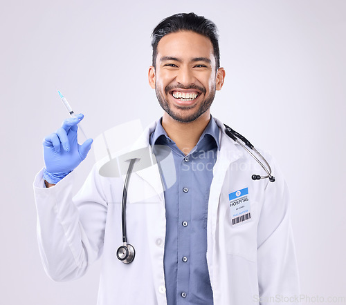 Image of Healthcare portrait, happy man and doctor with syringe, vaccine needle or injection cure for covid, monkeypox or disease. Medical studio, hospital and science innovation medicine on grey background