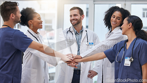 Image of Healthcare, teamwork and doctors with nurses hands in support of planning, collaboration and innovation. Team, hand and huddle with expert people united for mission, trust and help while at a clinic