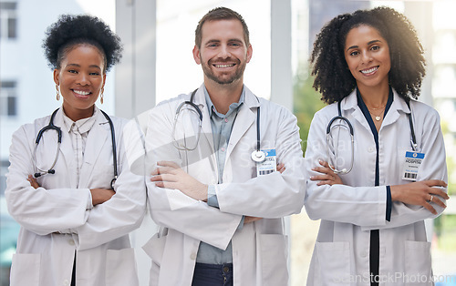 Image of Portrait, smile and doctors at hospital proud, empowered and excited about medical collaboration. Face, healthcare and health expert team united for innovation, teamwork and support at a clinic