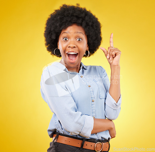 Image of Portrait, eureka idea and black woman in studio isolated on a yellow background. Thinking, surprise wow and smile, happy or excited, beautiful and young African female with ideas or contemplating.