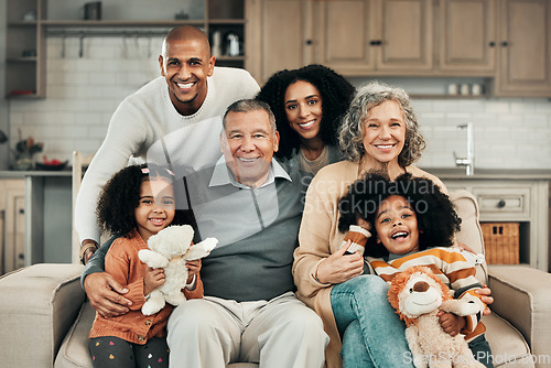 Image of Big family, portrait smile and relax on sofa for bonding, generations or holiday in living room at home. Happy parents, grandparents and children smiling or relaxing on couch together for fun weekend