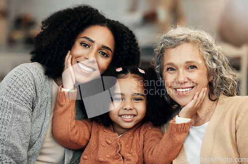 Image of Kids, women and grandparents with the portrait of a black family bonding together in their home. Children, love or relatives with a parent, senior grandmother and girl relaxing in the living room