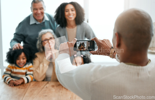 Image of Love, smile or phone photography with happy family in living room for social media, bonding or relaxing. Happiness, pictures or generations with grandparents or children at home for memory or support