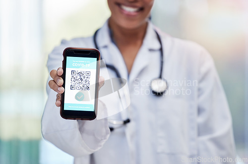 Image of Doctor with QR code for healthcare or covid test results on contactless technology on mobile cellphone online. Hand, smartphone and woman medical or medicine professional with electric registration