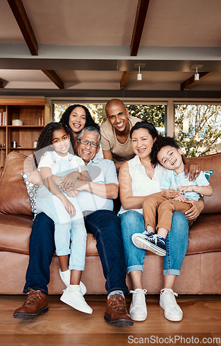 Image of Parents, kids and grandparents on sofa for portrait with love, care and vacation together in lounge. Old man, women and grandchildren in living room with happiness, hug and relax on couch for holiday