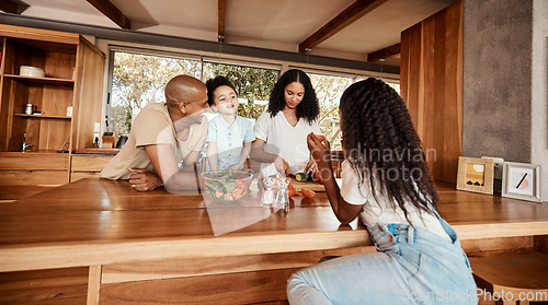 Image of Family, breakfast table and cooking with fruit, bonding and children for health, care or love together. Woman, kids or man for healthy, natural and organic nutrition for diet, food or meal in home