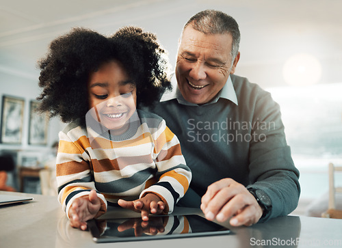 Image of Tablet, online education and child with grandfather bonding, fun internet games and e learning development. Biracial, elderly man with kid on digital technology app for family support and teaching