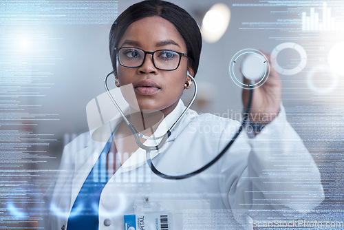 Image of Overlay, stethoscope and futuristic black woman doctor using technology for medicine in the metaverse with 3d hologram. Data, medical and innovation in a hospital with future digital database