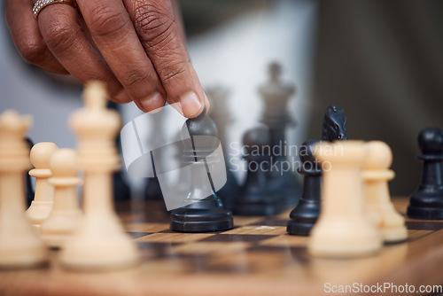 Image of Man, chess and hands with bishop on board, strategy challenge and tournament games. Checkmate, chessboard and smart player playing in contest, problem solving and moving pieces to win competition