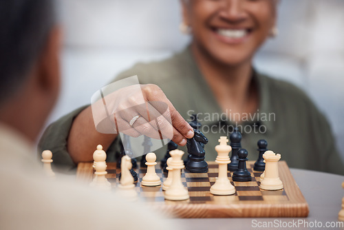 Image of Strategy, moving and chess with hands of old couple for bonding, competition and mental exercise. Relax, problem solving and smart with man and woman at home for board games, checkmate or contest