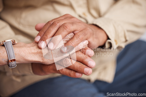 Image of Senior couple holding hands for support, love and comfort together in retirement, cancer empathy or faith prayer. Closeup man, old woman and helping hand with trust, care and psychology counselling