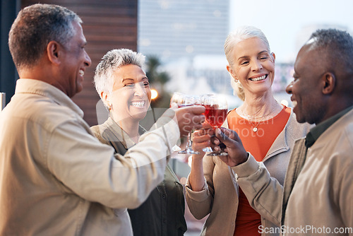 Image of Friends, mature people with wine and retirement party, cheers and glasses with happiness, celebration and fun outdoor. Senior, men and women with diversity, alcohol drink and celebrate with team