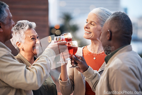 Image of Friends, senior people with wine and retirement party, cheers and glasses with happiness, celebration and fun outdoor. Mature, men and women with diversity, alcohol drink and celebrate with team