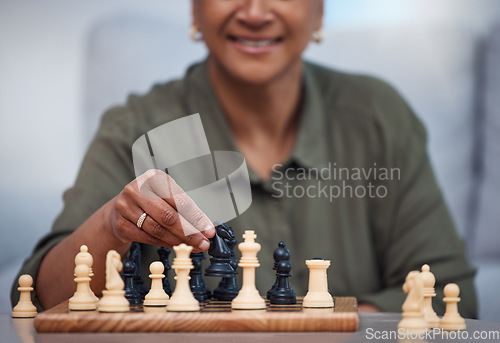 Image of Strategy, moving and thinking with old woman and chess for challenge, competition and mental exercise. Relax, problem solving and smart with senior lady at home for board games, checkmate or contest