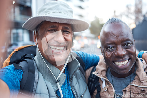 Image of Elderly travel smile, portrait men and senior selfie of friends in city with happiness and freedom on vacation. Happy face, urban picture and black people traveling together and laughing in New York