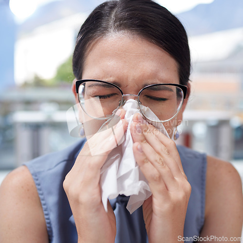 Image of Entrepreneur, flu and woman with tissue, allergy and manager with glasses, sickness and safety. Female employee, business owner and administrator with toilet paper, blowing nose or fever in workplace