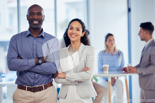 Image of Business team, portrait and office staff with a smile from company management and leadership. Diversity, happy and proud work of a black man and hispanic woman together with corporate success