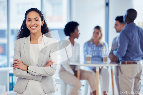 Image of Portrait, business and woman arms crossed, success and employee with team, workplace and happiness. Face, female leader and manager with skills, smile and advertising campaign in office and confident