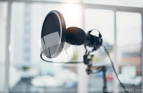 Image of Microphone, audio and technology, podcast or radio with sound equipment closeup and broadcast media. Public relations, live streaming and production in studio with content creation and social network