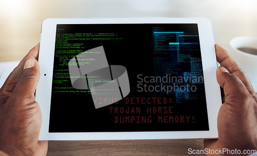 Image of Man, tablet and cyber security virus on screen of internet fraud, 404 phishing scam or data privacy online. Digital coding, trojan horse ransomware and hacking technology of error, crime or html code