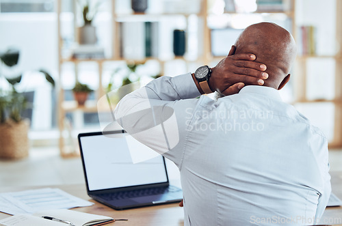 Image of Neck pain, laptop and back of business man in office with joint injury, health risk and bruise. Head of worker, muscle problem and body fatigue from bad posture, stress and burnout with mockup screen