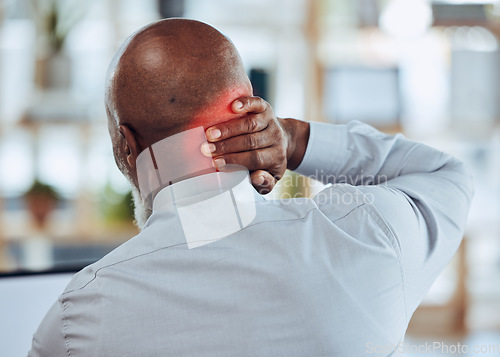 Image of Back, red neck pain and business man in office with joint injury, health risk and bruise. Head of worker, muscle problem and body fatigue from bad posture at desk, stress and anatomy inflammation