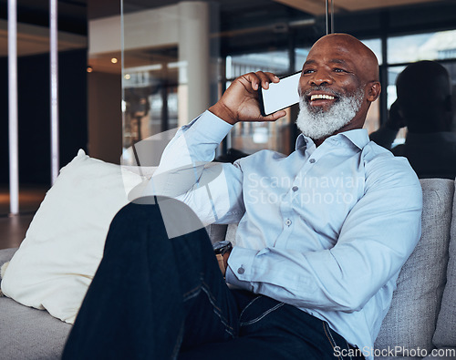 Image of Phone mockup, call and black man laughing for business discussion, mobile cellphone or connection. Happy male worker, communication and smartphone for contact, consulting and network in office lounge