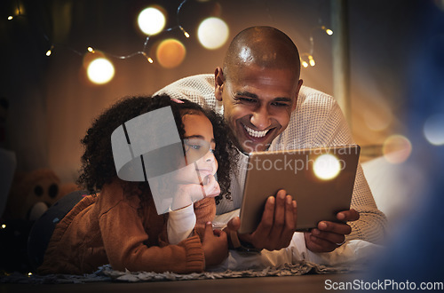 Image of Night, tablet and relax with father and daughter in blanket tent for connection, happy and streaming cartoon. Smile, app and fairy lights with man and girl at home for education, internet and online