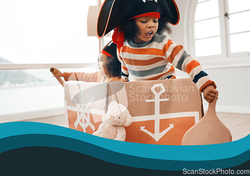 Image of Pirate, box and playing with children and games for bonding, imagine and creative. Happy, youth and siblings with girls sailing in cardboard ship in family home for relax, fantasy and fun together