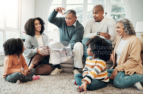 Image of Family relax, surprise with fantasy and reading book, grandparents with parents and kids at home for storytelling. Wow, shock and imagine, generations and happy people bond with love and care