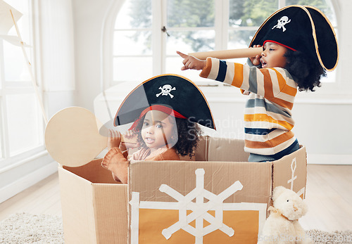 Image of Pirate, box and telescope with children in living room for playful, creative and imagine. Fantasy, relax and party with kids sailing in cardboard boat at home for free time, weekend and entertainment