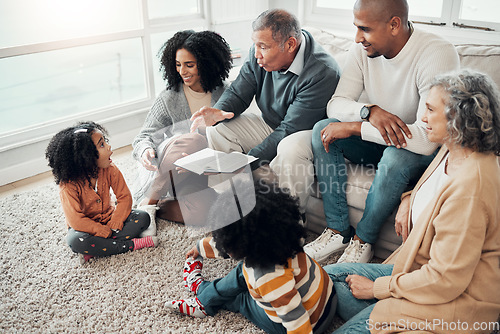 Image of Family with book for reading, surprise with fantasy and grandparents with parents and kids at home for storytelling. Wow, shock and imagine, generations and happy people with novel, bond and love