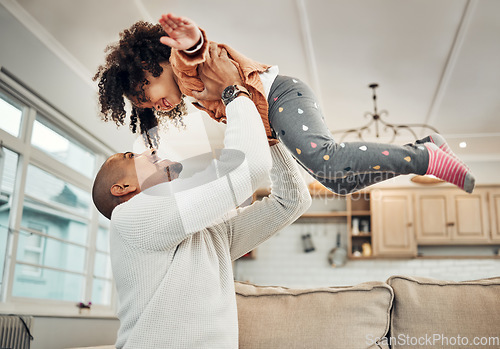 Image of Love, father and girl in air, quality time and happiness in living room, carefree and bonding together. Family, parent and dad with female child, daughter or kid playing, airplane or loving in lounge