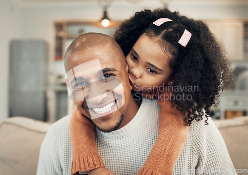 Image of Family, portrait and girl kiss father on sofa, happy and playing or bond in their home. Piggyback, hug and face of parent with child on couch, sweet and embrace and having fun in living room