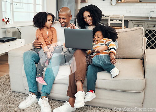Image of Happy, relax and family with a laptop for a movie, comedy show or subscription service. Smile, together and parents with children on the sofa for a film, series or entertainment on a computer